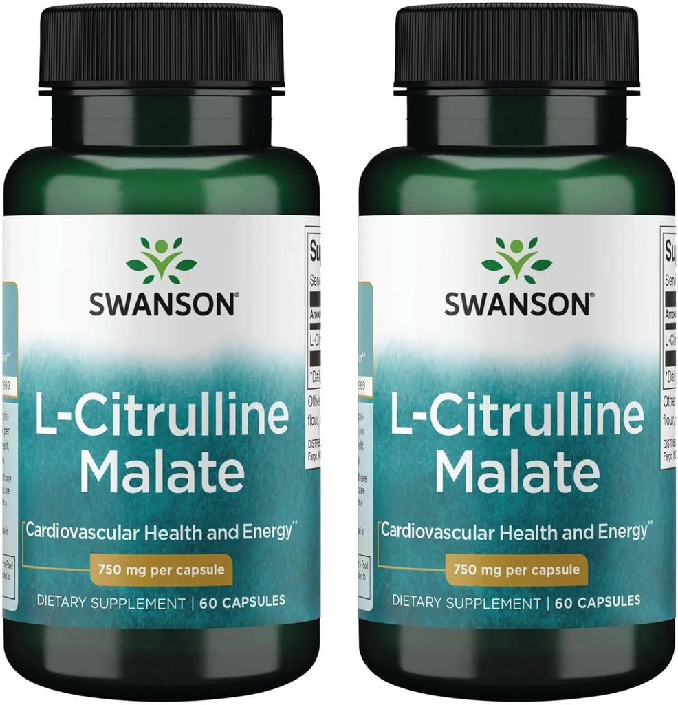 Swanson L-Citrulline Malate - Integratore di aminoacidi Promuovere la produzione di energia e la circolazione sanguigna sana - Natural Formula Supporting Total Wellness - (60 capsule, 750mg ogni) (2 Confezione)