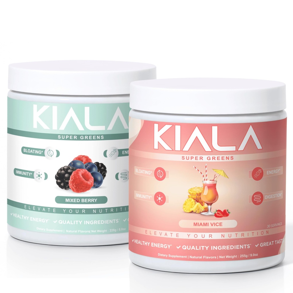 Kiala Nutrition Super Greens, Polvere di Greens Organic, Polvere di Spirulina & Chlorella Superfood, Zucchero & Gluten Free Vegan, Miscela di Spectra, Bacca Mista & Miami Vice, 2 Pack