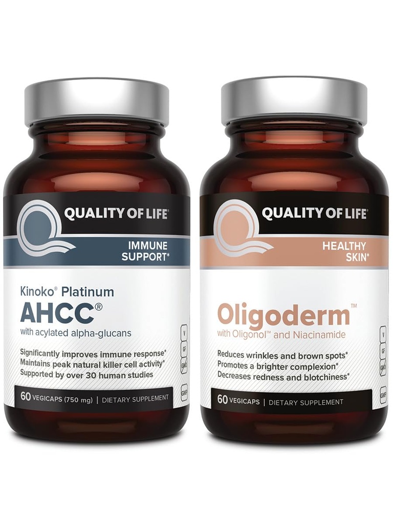 Qualità della vita Con Kinoko Platinum AHCC Mushroom Extract and Oligoderm with Oligonol Lychee Extract - Immune Support Skin Health Bundle