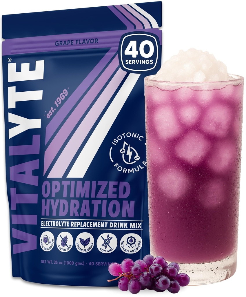 Vitalyte Electrolyte Powder Drink Mix, Isotonic Electrolyte Hydration Mix, Gluten Free Post Workout Powder Mix, Confezione da 1, 35 oz., Uva Flavor