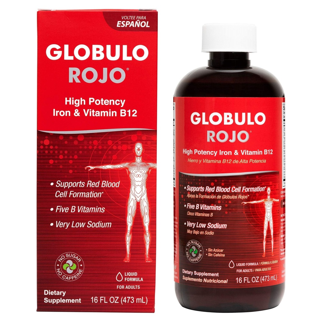 Globulo Rojo Iron Supplement - Supplemento dietetico liquido con alta potenza Iron & B Vitamins (Vegan) (16 Fl Oz (Pack of 1))
