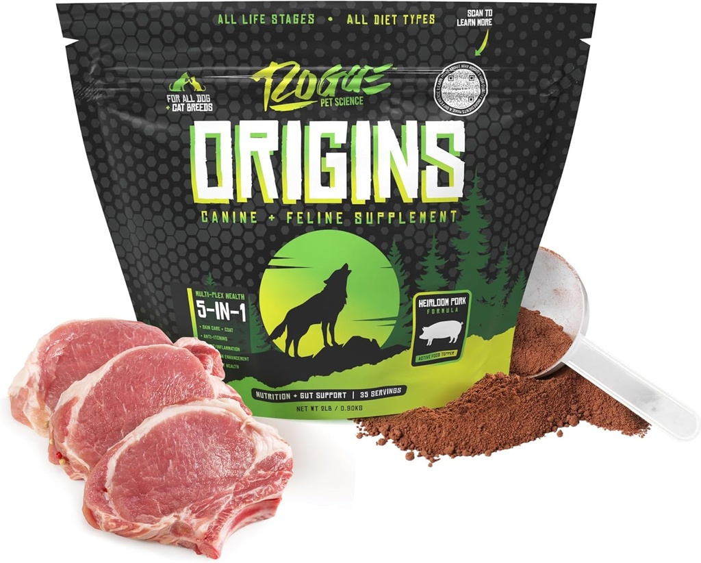 ROGUE PET SCIENCE Origins 5-in-1 Dog Supplement - Topper alimentare in polvere w/Natural Heirloom Pork Protein- Supporta la digestione sana, la pelle e lo strato - aiuta a ridurre il prurito e l'infiammazione comune (2 lbs)