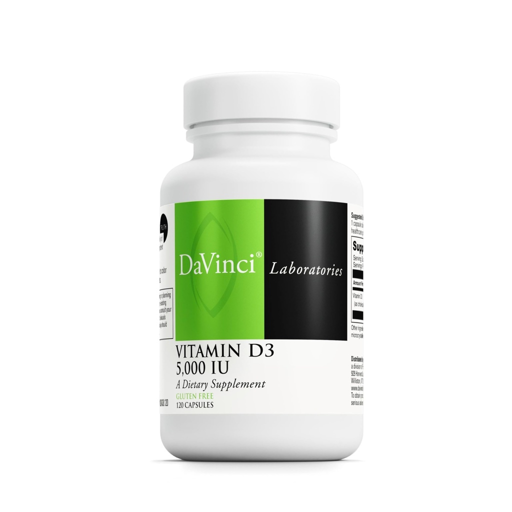 DAVINCI Labs Vitamina D3 5000 IU - Integratore alimentare per sostenere denti e ossa sani, funzione cardiovascolare e salute immunitaria* - con 5000 IU per porzione - Gluten-Free - 120 capsule