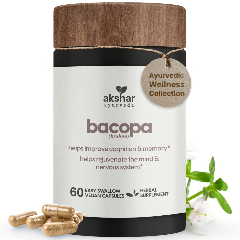 AKSHAR Ayurveda - Bacopa 500mg Brahmi Supplemento, Rejuvenate System, Bacopa Pills to Support Cognitive Function for Adults, Vegan Cruelty Free Bacopa Monnieri (60 Conte)