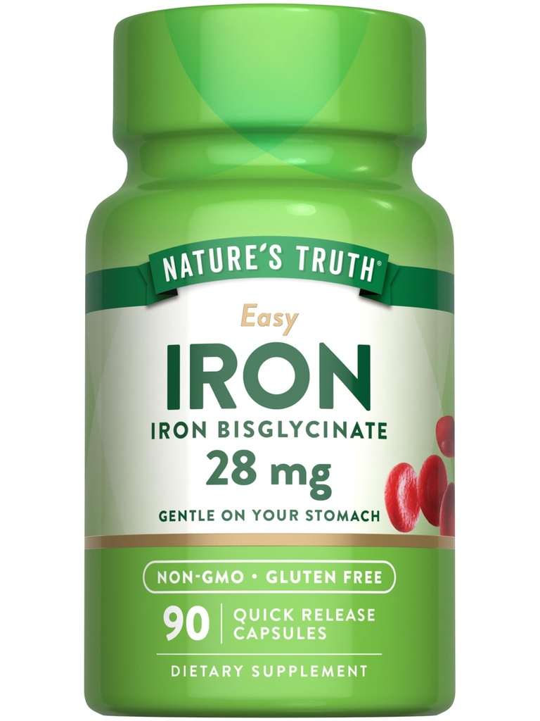 Integratore di ferro di verità della natura per le donne e gli uomini | 28 mg | 90 capsule | Bisglicinato di ferro | Non-GMO, senza glutine