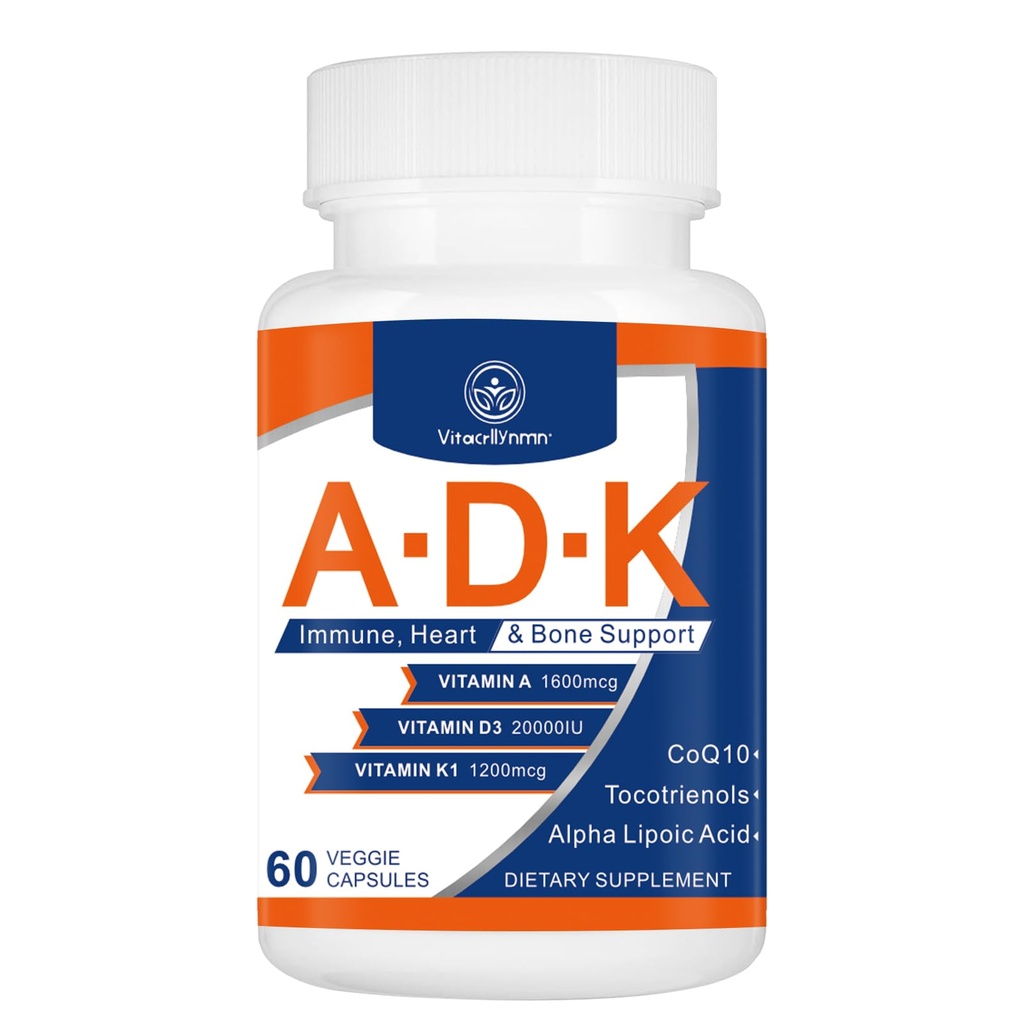Supplemento di vitamina ADK 20000 IU - Vitamine ad alta potenza A, D3 e K1 per il cuore, Salute e Supporto immunitario Vitamina ADK 60 capsule