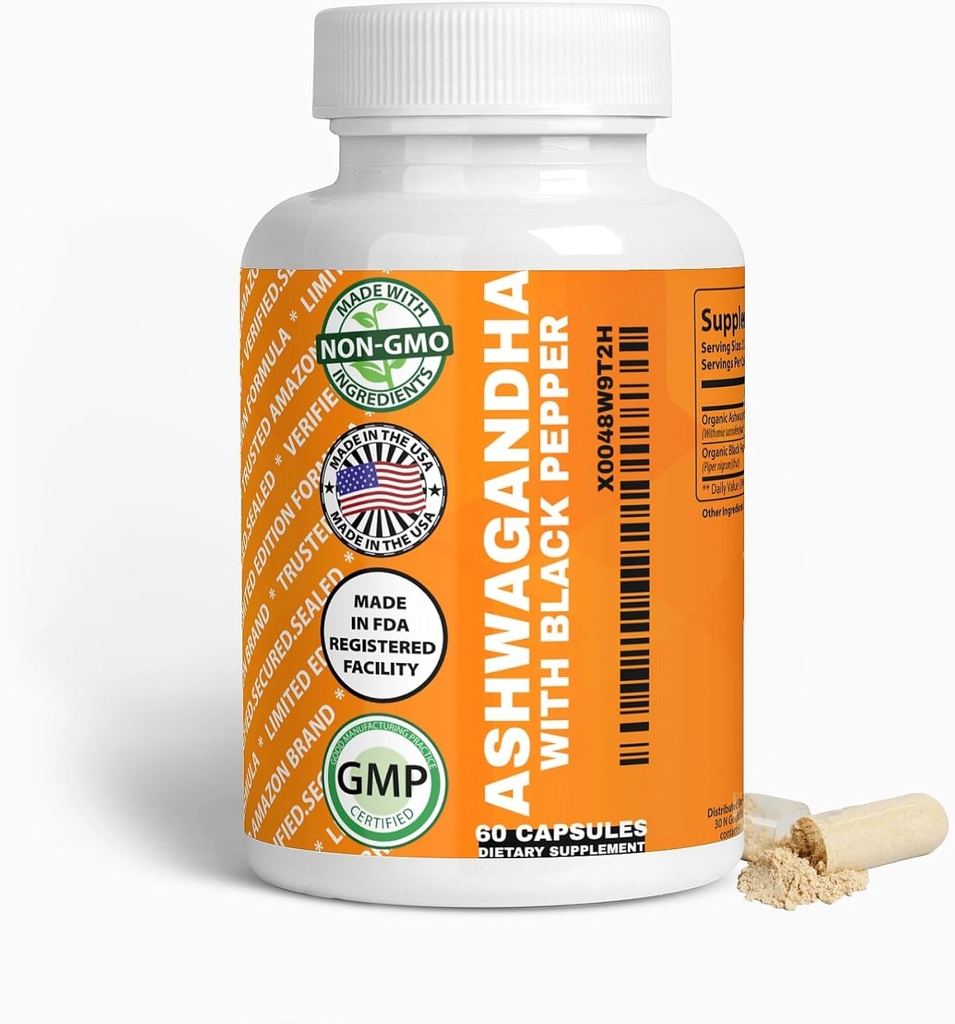 Generico Ashwagandha & Black Pepper Capsules, 1300mg & 10mg, 60 Count, Boost Immunity & Mood naturalmente