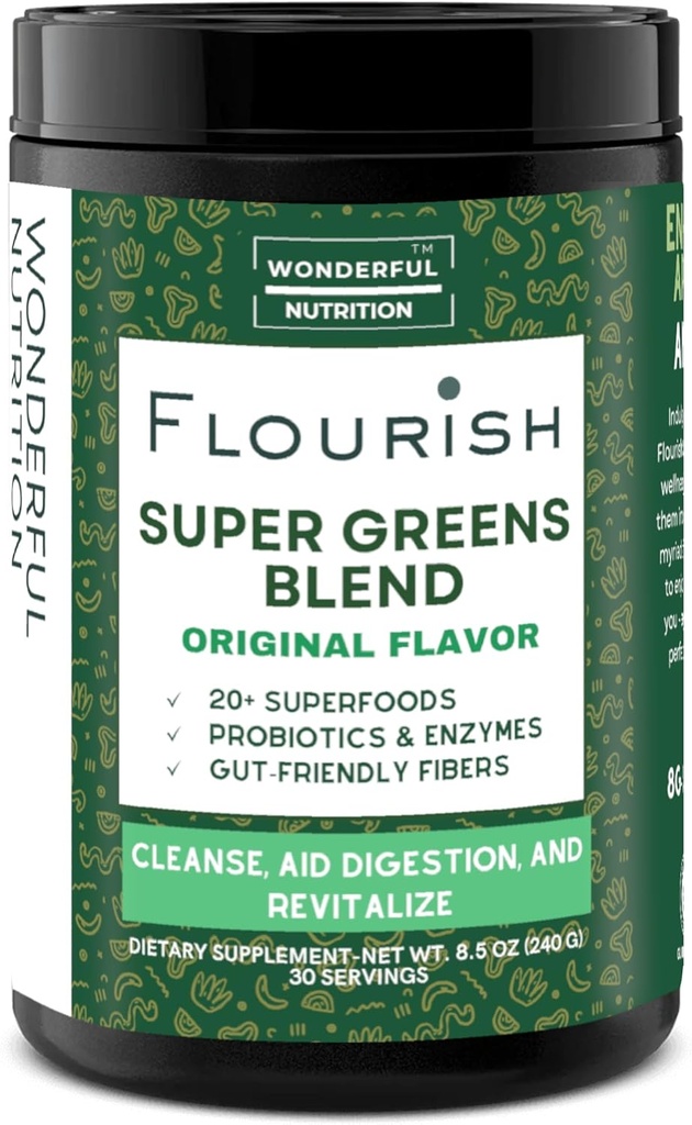 Flourish Super Greens. Miscela di polvere verde per l'energia, con clorella Spirulina Organica, polvere di radice di barbabietola, enzimi e probiotici, originale, 30 Serve