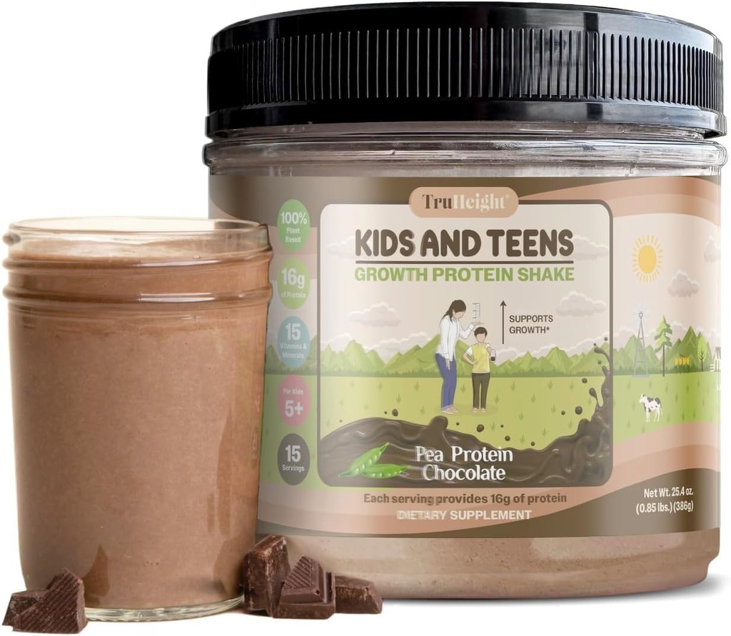 TruHeight Growth Protein Shake (Chocolate Milk Flavor, Plant) Polvere naturale di proteina di crescita e sviluppo per bambini e adolescenti - Bevande di peso, Eseguite da Pediatrici, Vitamina di Eatro di Picky, Età 5+