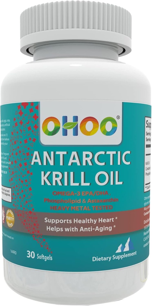 OHOO Antartico Krill olio 500mg Omega-3 EPA & DHA Supplemento, Phopholipids, Antiossidante Astaxantina, Supporta cuore sano e anti-invecchiamento supplemento con No Fishy Aftertaste, 30 Softgels