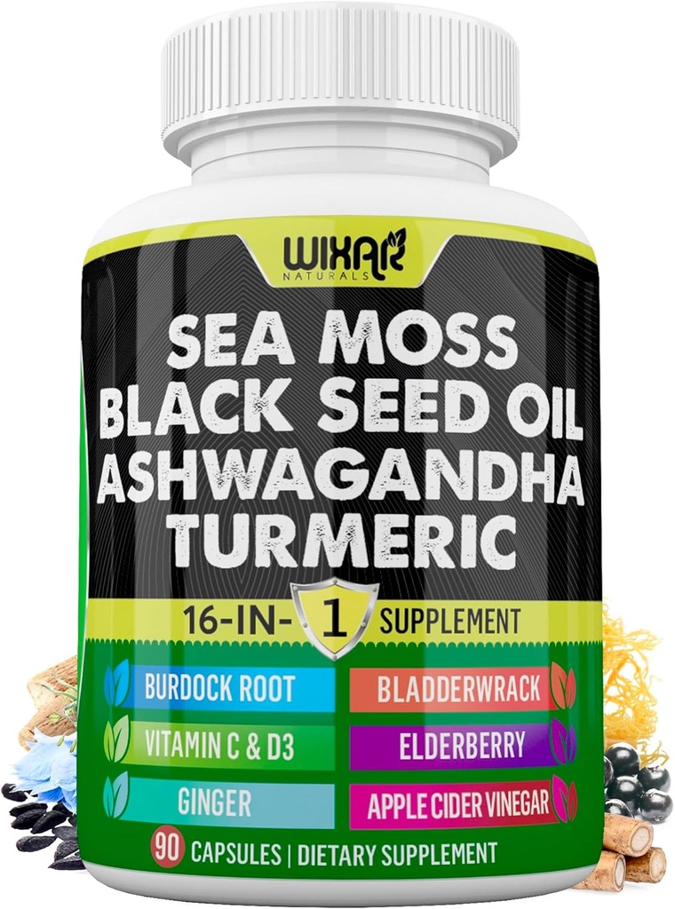 Wixar Sea Moss 3000mg Black Seed Oil 2000mg Ashwagandha 1000mg Turmeric 1000mg Bladderwrack 1000mg Burdock 1000mg & Vitamina C & D3 con Elderberry Dandelion Yellow Dock Chlorophyll ACV - 90 capsule