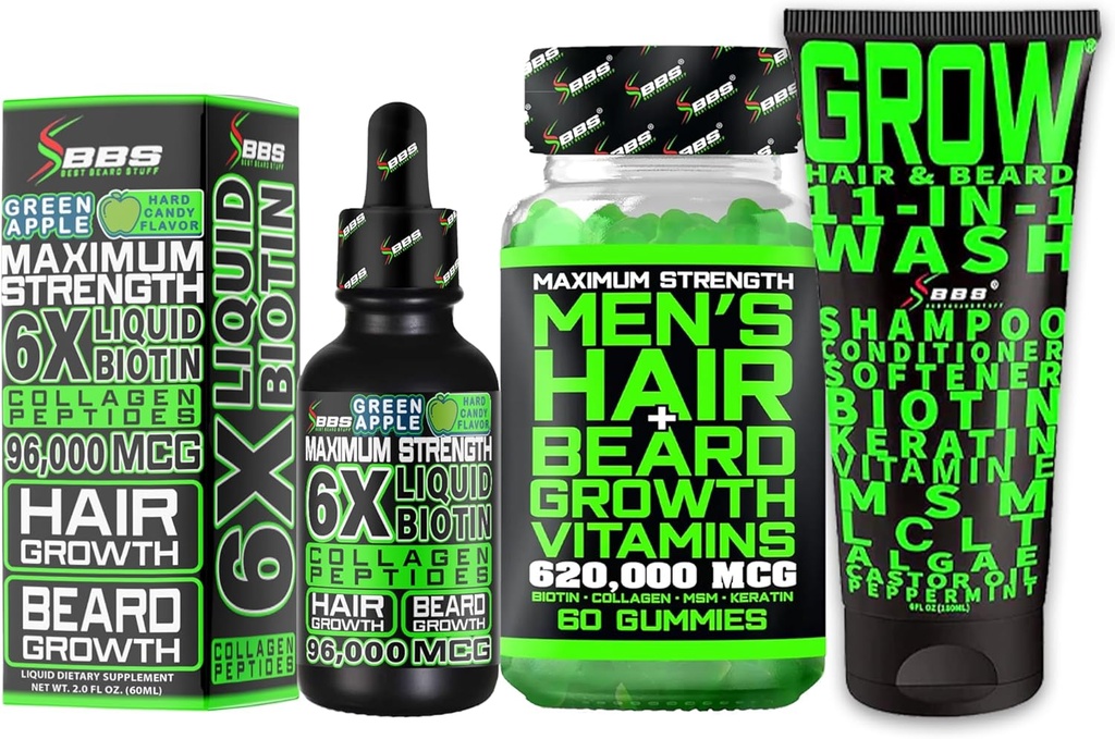 Kit di crescita del cuscinetto w/Grow 11-in-1 Shampoo di crescita dei capelli per gli uomini e il condizionatore w/Biotin + Vitamine di crescita del cuscinetto & Vitamine di crescita dei capelli per gli uomini + 6X Biotina liquida con il collagene - formulato in America