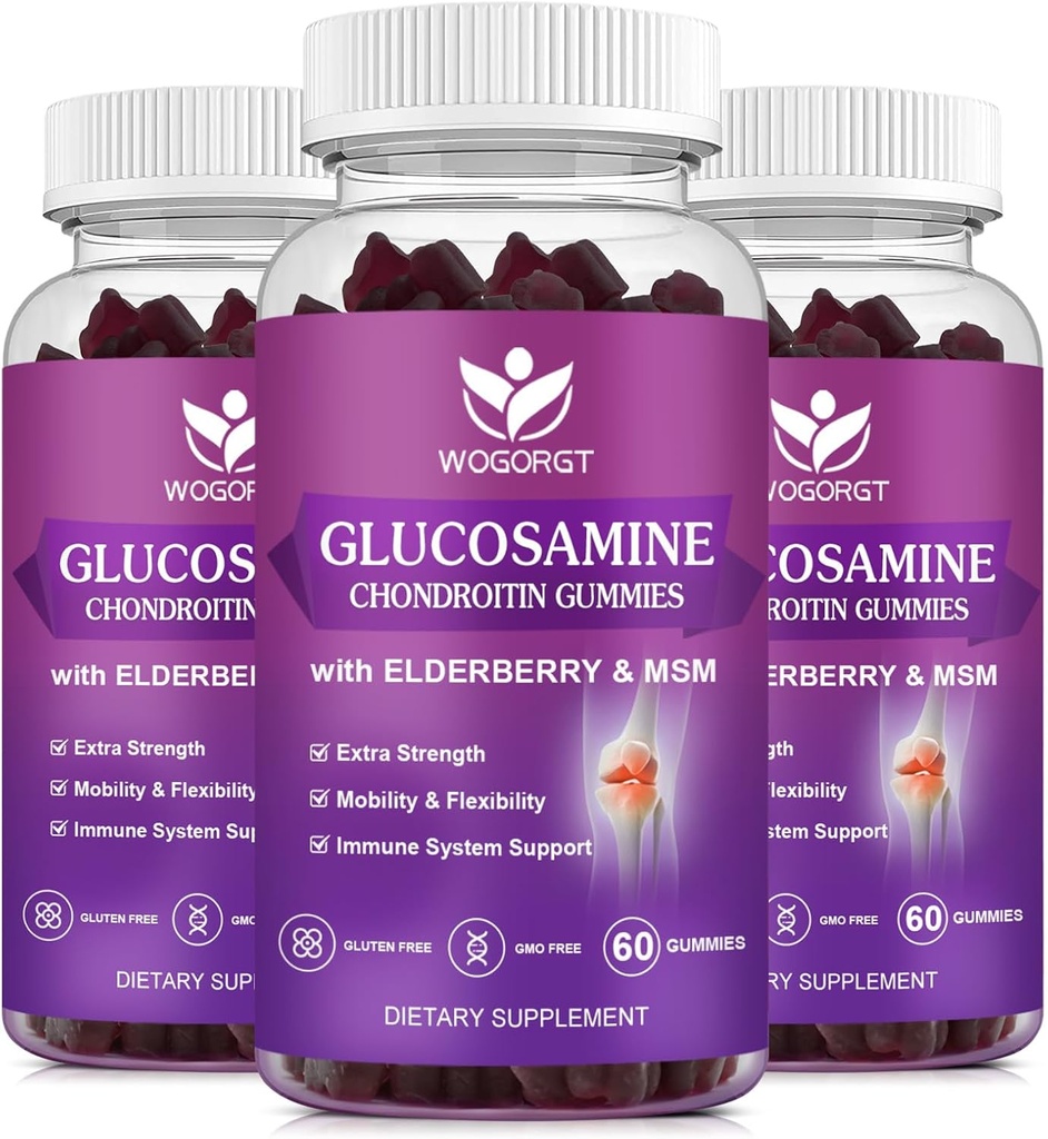 Glucosamina Chondroitin Gummies con MSM & Elderberry - 1500mg Glucosamine Chondroitin Gummies Supplemento per Flessibilità e Supporto Immune per Uomini & Donne, 60 Gummies (3 Confezione)