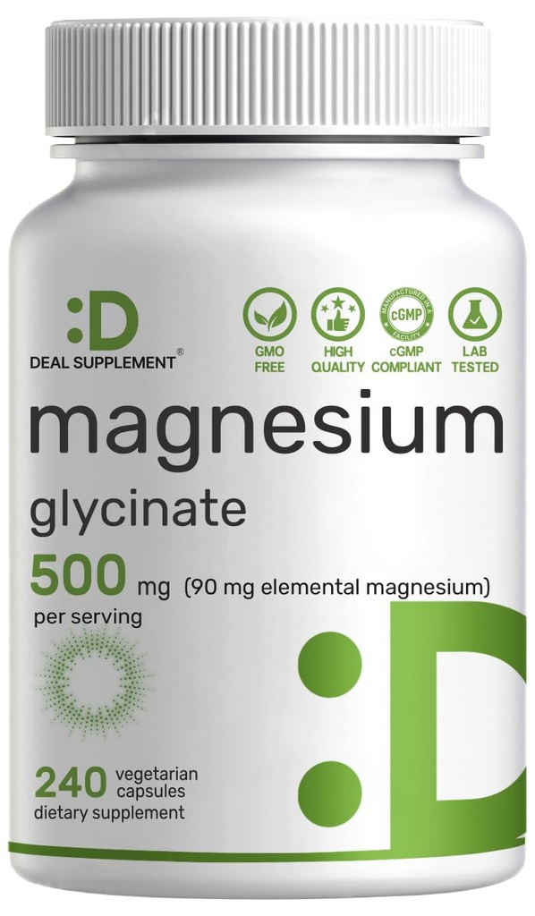 Magnesio Glycinate 500mg, 240 capsule veggie | 100% chelati per un facile assorbimento | Supplemento minerale essenziale per muscolo, sonno e salute del cuore*