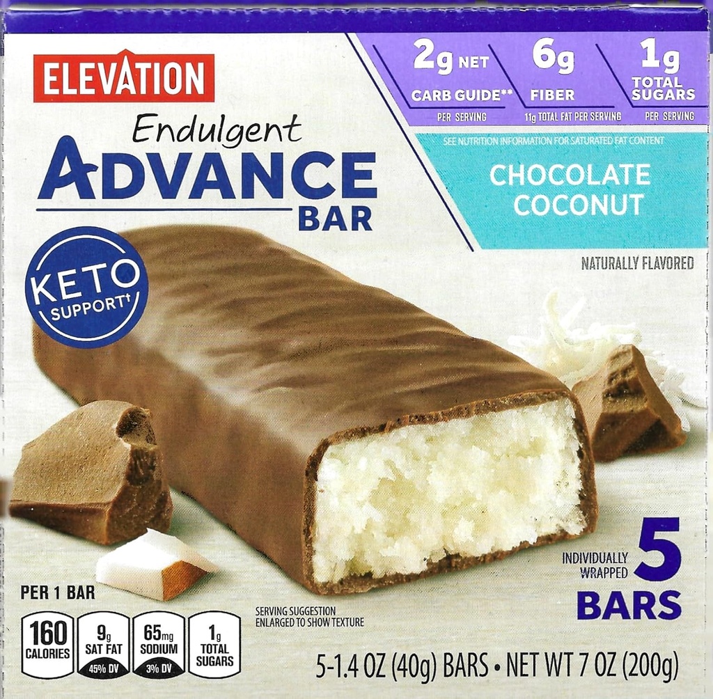 Millville Elevation Advance Chocolate Coconut Bars, Carb Conscious, 5g Protein, con ricette. Una scatola di 5, 1.4oz Individually Wrapped Bars. Bundle Include 2 ricette, 5 bar.