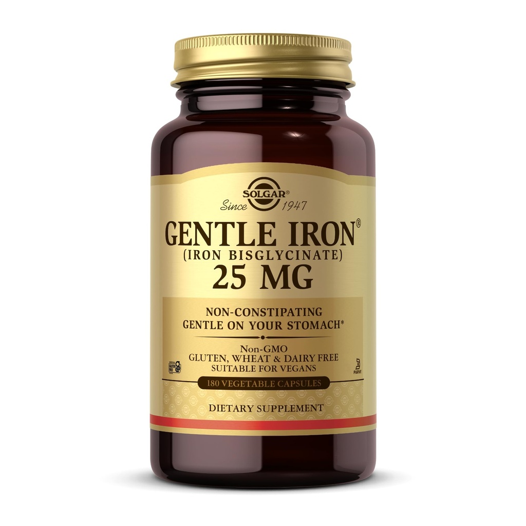 Solgar Gentle Iron (Iron Bisglycinate) 25 mg - 180 Capsule vegetali - Non-Constipante, Gentle on Your Stomach - Non-OGM, Gluten Free - 180 Serve