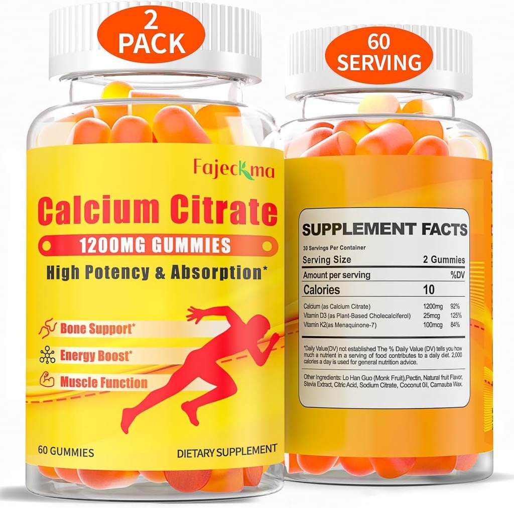 1200mg Calcium Citrato Gummies per Adulto: Supplemento di vitamina Vegan senza zucchero con D3 K2 - Supplemento di assorbimento elevato per denti di ossa (60 conteggio (pacchetto di 2))