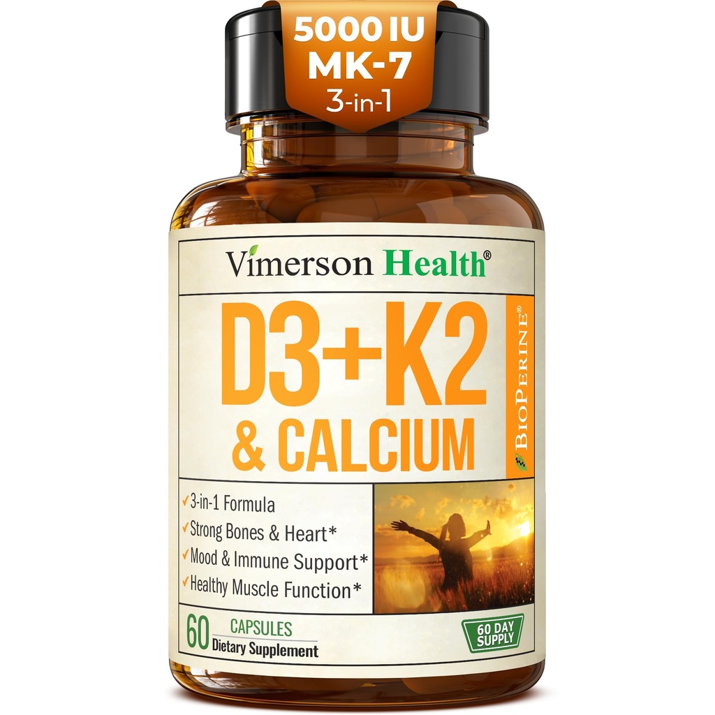 Vitamina D3 K2 Supplemento – Supporto All-in-1 per Immune, Bone & Heart Health con Vitamina D + Vitamina K (come MK7) – K2 D3 (5000 IU) Integratore di vitamina con Pepe Nero per Assorbimento Max, 60 Capsule