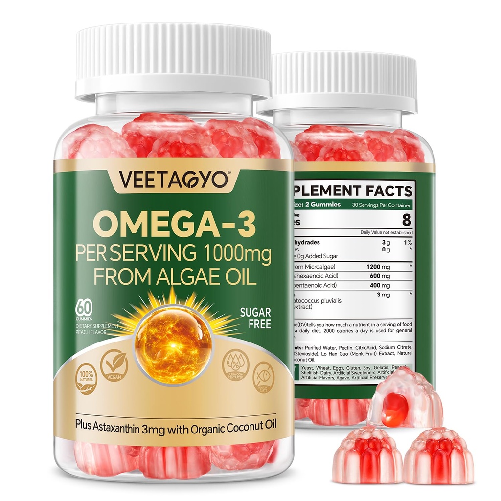 Vegan Omega 3 Gummies 1200mg - Dual Layer - Fish Oil Alternative, Marine Algae Omega 3 Supplemento DHA 600mg, EPA 400mg con Astaxanthin, Sugar Free,60 Cts
