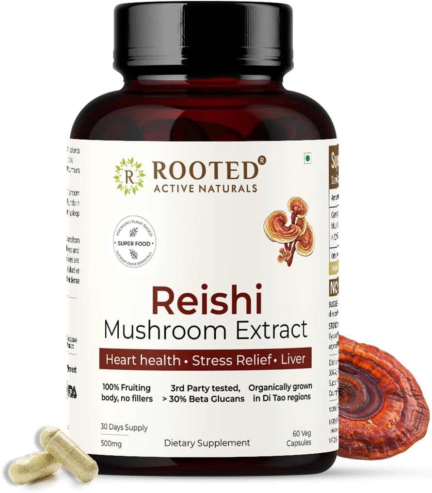 ROOTED Reishi Mushroom Extract Capsule (60 Veg Caps, 500 mg) | Heart Health, Stress Relief, Liver. USDA Organic, 30% Beta Glucans, Certificato Organico