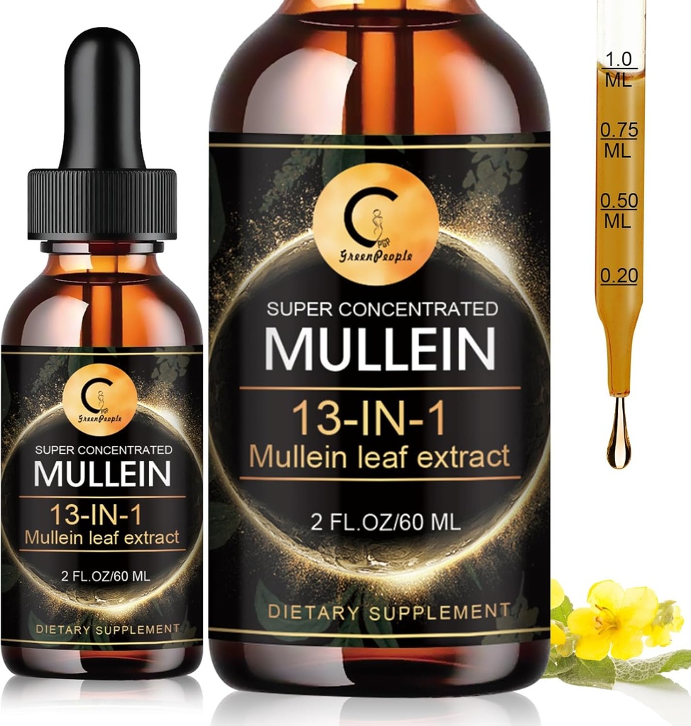Gocce di Mullein per polmone, Estratto di foglie di Mullein, Tintura liquida di Mullein super concentrata,Vegan, Non-GMO, 2 FL OZ