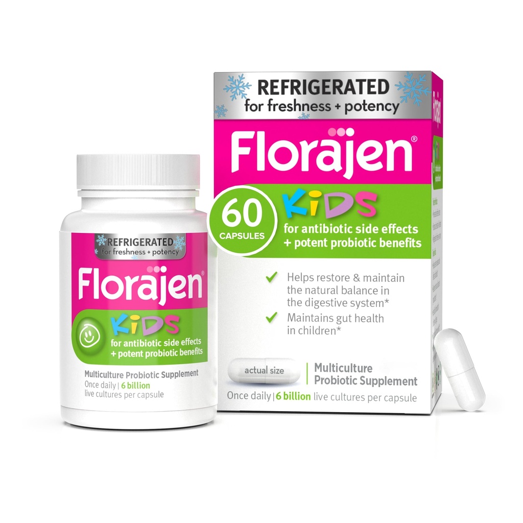 Florajen Kids Probiotic - Supporto giornaliero per bambini 6 mesi e su - costipazione, Bloating, & Digestive Relief - Refrigerato per freschezza e potenza - 60 capsule