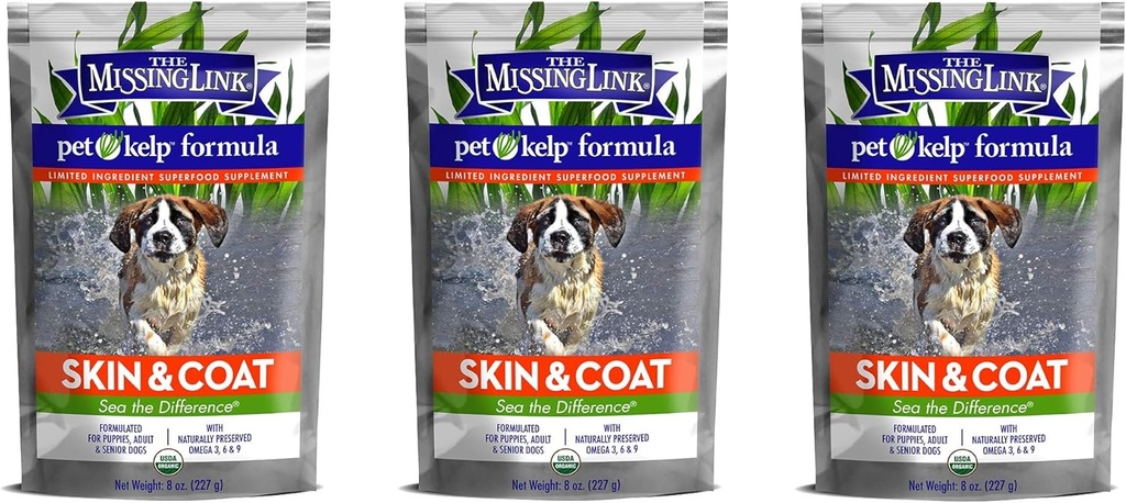 Il collegamento mancante 3 Confezione di Pet Kelp Formula, 8 once ciascuno, Superfood Supplemento per cani, pelle e cappotto