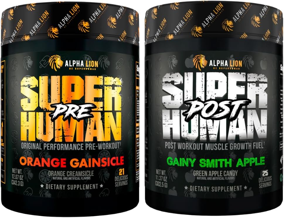 ALPHA LION Superhuman Pre Workout Powder & Post Workout Recovery Bundle, Sustain Energy & Focus + Lean Muscle Growth, Strength & Volume (Hulk Juice & Gainy Smith Apple)