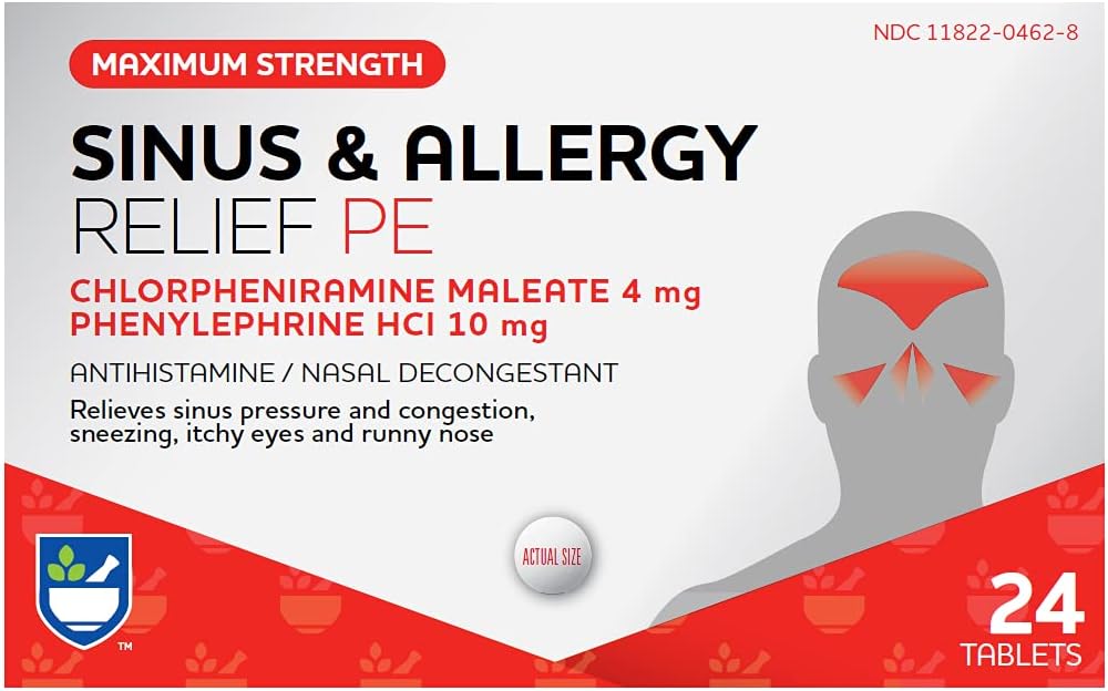 Rite Aid Sinus & Allergy Relief PE Tablets, Forza massima 24 conteggio | Antistamina e Nasal Decongestant | 4 Hour Allergy Medicine | Allergy and Congestion Relief