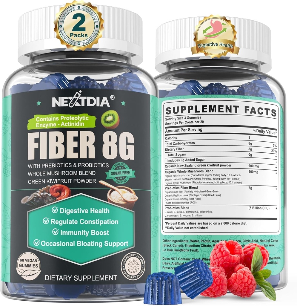 Supplemento di fibra prebiotica senza zucchero per le donne e gli uomini | 8G Gummie ad alta fibra con Mushroom, Psyllium Husk, Enzimi digestivi, Guar Gum, Inulina per sostenere la salute Gut & Digestive |120 Vegan Gummies