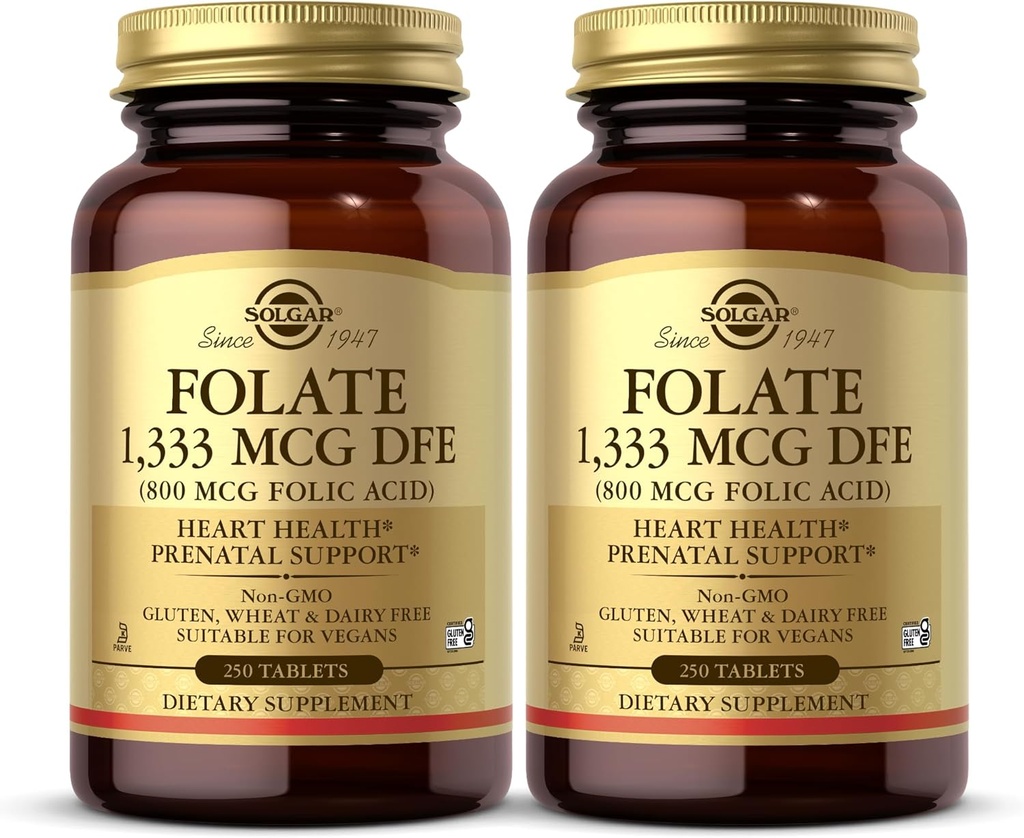 Solgar Folate 1,333 mcg DFE (acido folico 800 mcg) - 250 compresse, confezione da 2 - supporto prenatale - Non OGM, Vegan, Gluten Free, Dairy Free, Kosher - 500 Total Servings