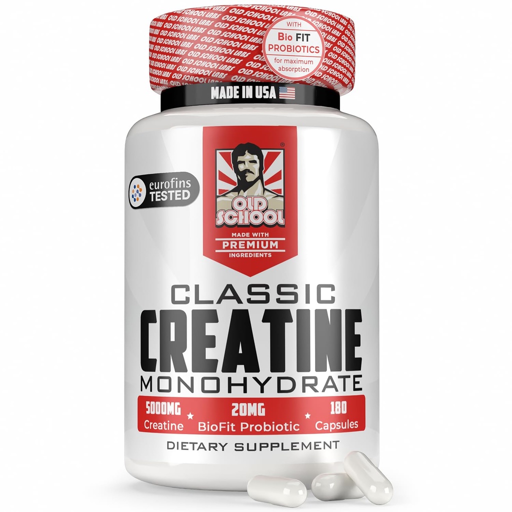 I laboratori della vecchia scuola 5000mg Creatina Monoidrato capsule con BioFitTM (Max Strength) supporta la crescita e il recupero del muscolo, le prestazioni, la salute cognitiva - Pillole di creatina per uomini e donne, Made in USA 180 Caps