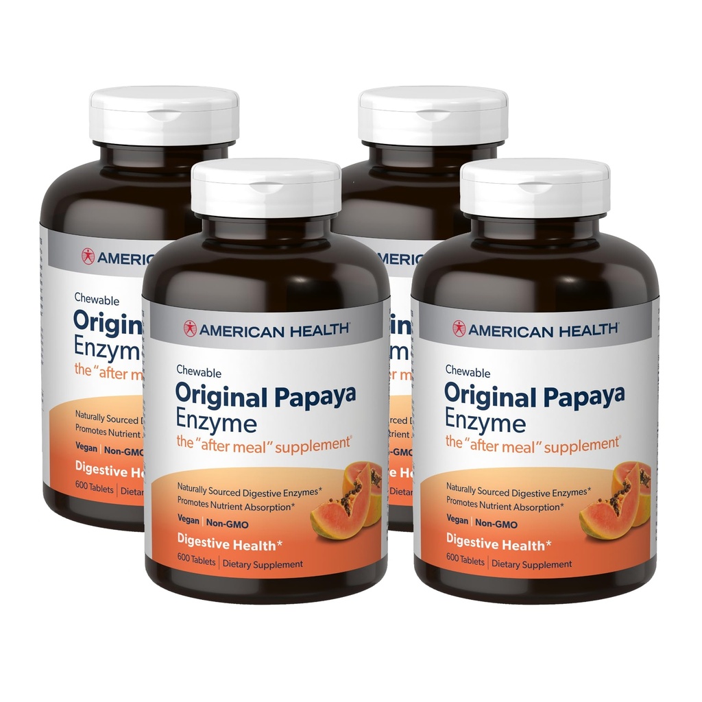 American Health Original Papaya Enzyme - 600 Chewable Tablets, Confezione da 4 - The After-Meal Supplement - Non-GMO, Vegan - 800 Total Servings