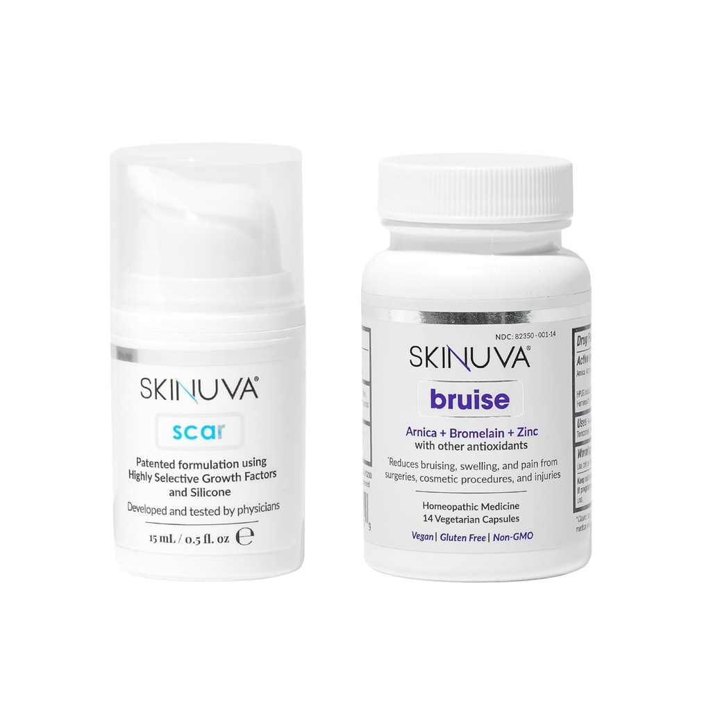 Skinuva® Scar (0.5 oz) & Bruise (14 capsule) - Crema Silicone avanzata formulata con Fattori di Crescita & Bruise Remedy omeopatico Formulato con Arnica, Bromelain & Zinc