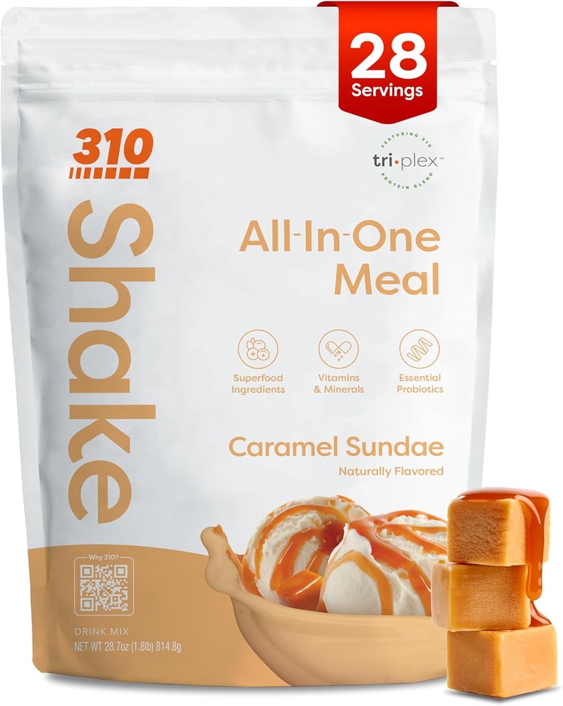 310 Nutrition All-In-One Meal Sostituzione Shake Powder - Plant-Based Protein Smoothie Blend w/High Fiber, Probiotics & Adaptogens - Carb basso, Vegan, Keto & Paleo Friendly - Caramel Sundae - 28 Srv