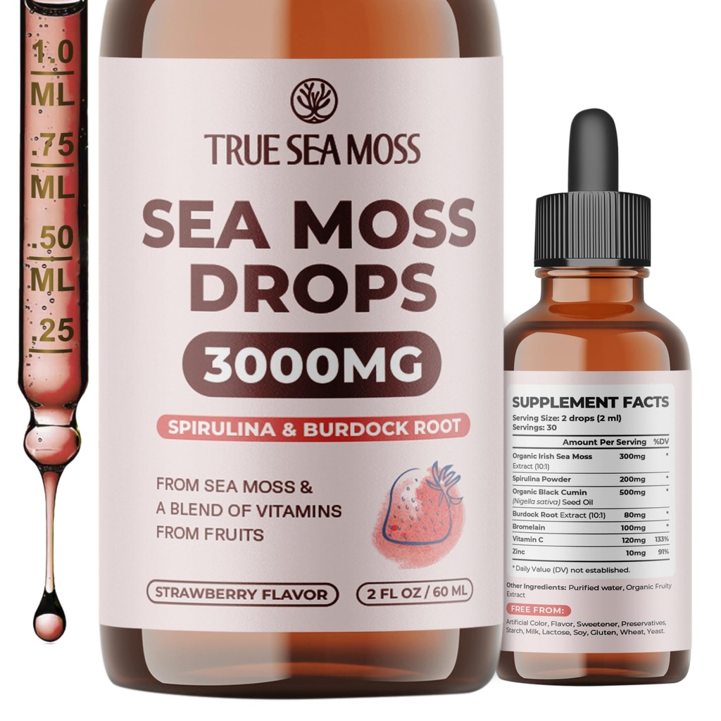 TrueSeaMoss Irish Sea Moss Drops - 5X più forte di Sea Moss Gel - 92+ Minerali Essentials - con polvere di Spirulina, radice di Burdock & Cumin nero - 2 Fl Oz (60ml) - aroma di fragola
