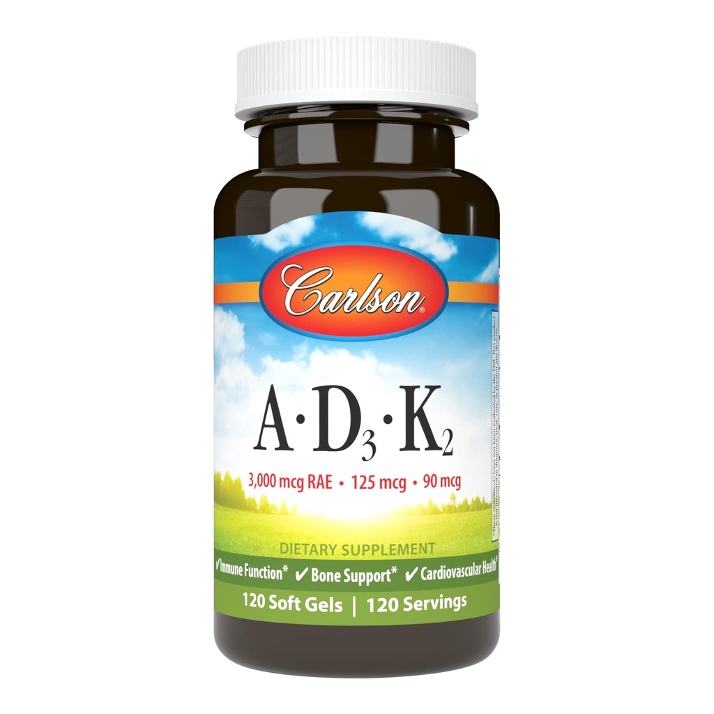 Carlson - Vitamine A, D3, K2, 3000 mcg RAE Vitamina A, 125 mcg Vitamina D3, 90 mcg Vitamina K2 come MK-7, Bone Building, Calcium Utilizzo, 120 Gel Morbidi