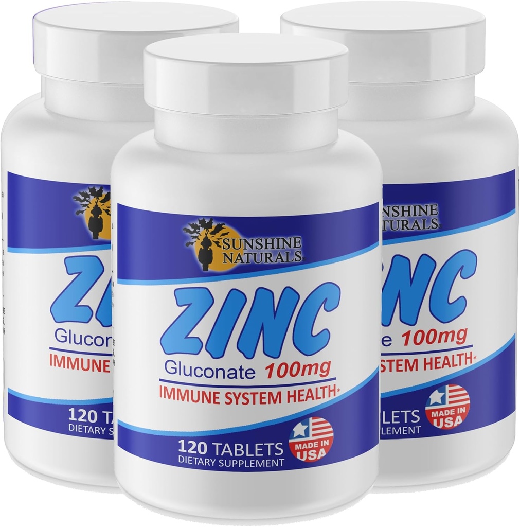 Sunshine Naturals Zinc Gluconate Mineral Supplemento – Supporta il sistema immunitario, Promuove la guarigione ferita, Migliora la salute della pelle, Fornisce la difesa antiossidante – 100 mg, 120 compresse, alta potenza