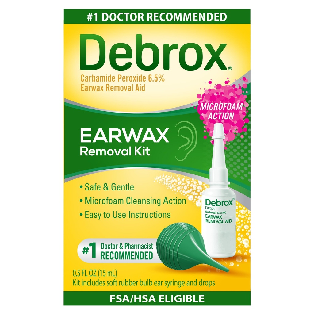 Debrox Ear Wax Removal Kit, Bulb Syringe & 0.5 Fl Oz Ear Wax Gocce di rimozione con Carbamide Peroxide