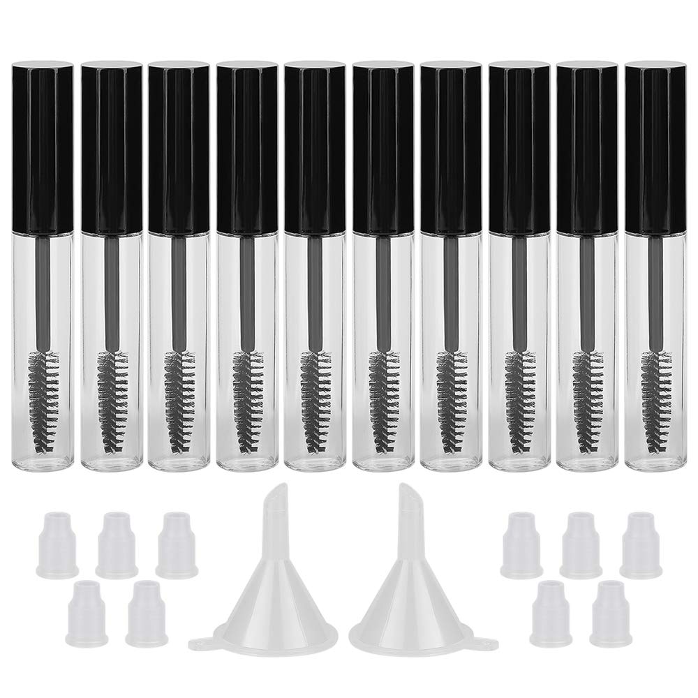 GTHER 10PCS 10ML Bottiglia di tubo di Mascara vuota con la bacchetta di sopracciglia, inserti di gomma e imbuti impostati per olio di ricino / olio di crescita, contenitore di crema fai da te con cappuccio, nero
