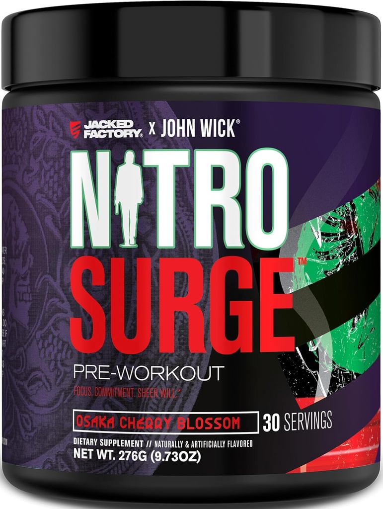 Jacked Factory X John Wick - Nitrosurge Wick Pre Workout Supplemento - Energia intensa, Battle-Ready Focus, Impegno inarrestabile, e Sheer Will - 30 Serve, Osaka Cherry Blossom