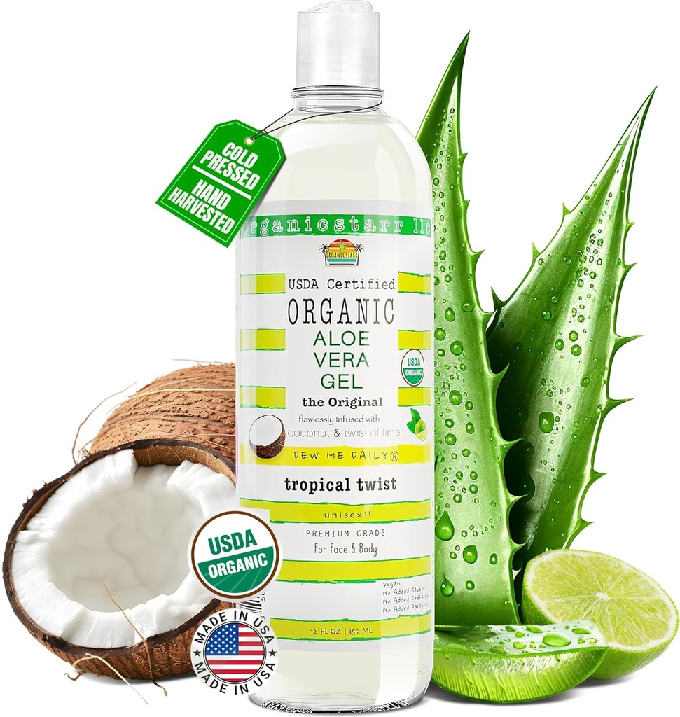 USDA Certified Organic Aloe Vera Gel 12 oz - 100% Pure, Cold Pressed, Hand Harvested, Infuse con Coconut, Lime & Verbena Essential Oils, Chemical-Free - Skin & Hair Care, Made in USA