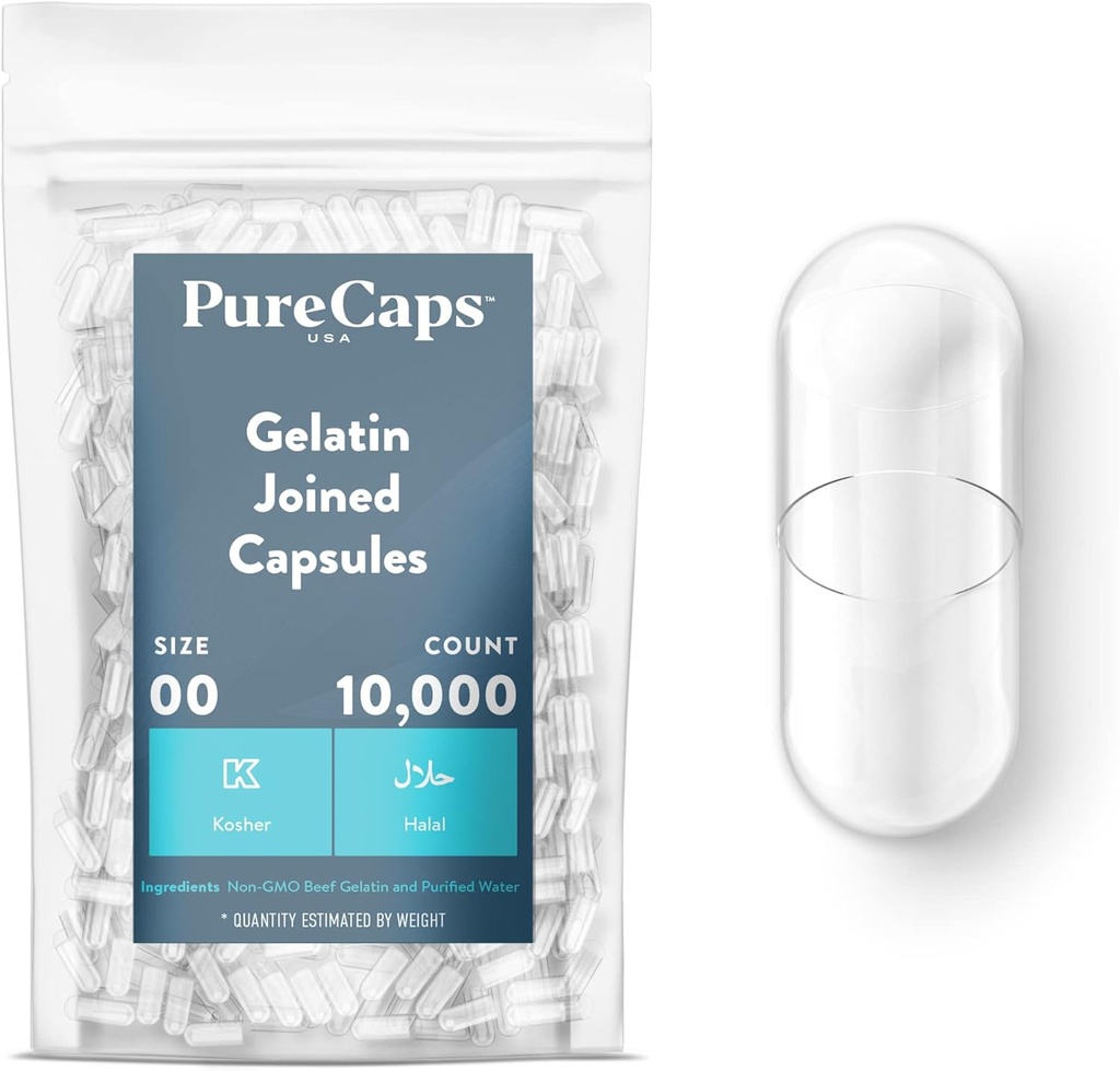 PureCaps USA - Empty Gelatin Capsules Size 00| 10,000 Pills Joined| Clear| Non-GMO Certified | SLS, Gluten, Preservative Free