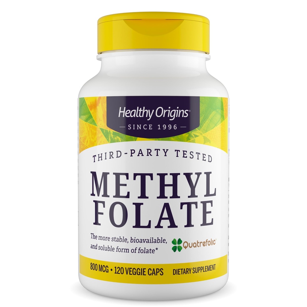 Origine sana Methyl Folate 800 mcg (Quatrefolic, Non OGM, Biodisponibile Folate, Gluten Free, Supporto Neurotrasmettitore), 120 Caps Veggie