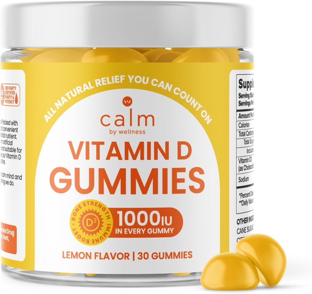 Calma da benessere Vitamina D Gummies per adulti, Vitamina D3 Gomma, Vitamine per Bone e Sistema Immune Supporto, Limone Flavor, 30 Conte