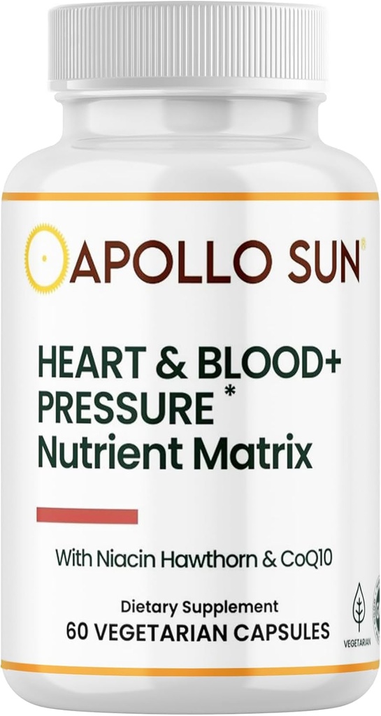 APOLLO SUN Cuore e sangue+Pressure Supplemento Matrix nutriente con Estratto di biancospino, niacina e COQ10, 60 capsule vegetariane
