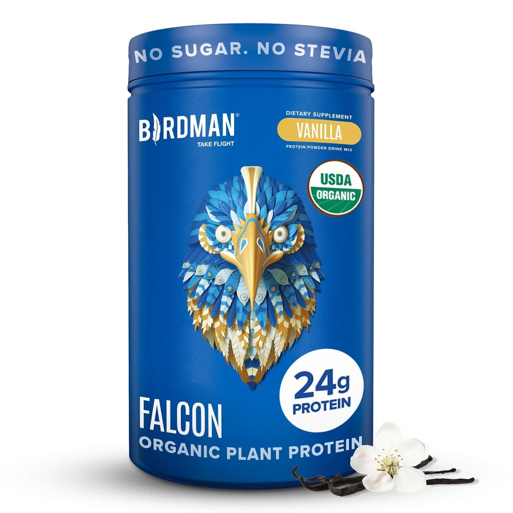 BIRDMAN Falcon Organic Vegan Protein Powder Vanilla, 24g Protein, Sugar Free, Probiotics, Carb basso, Keto Friendly, Dairy Free, Lactose Free, Non Whey, Plant Based Pea Protein Powder - 18 Servings