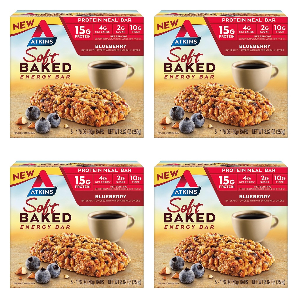 Atkins Blueberry aromaed Soft Bars di energia al forno, High in Protein Snack Bar, Basso zucchero, Spuntino ad alta fibra, Spuntino proteico, 4 confezioni (4 bar ciascuno)