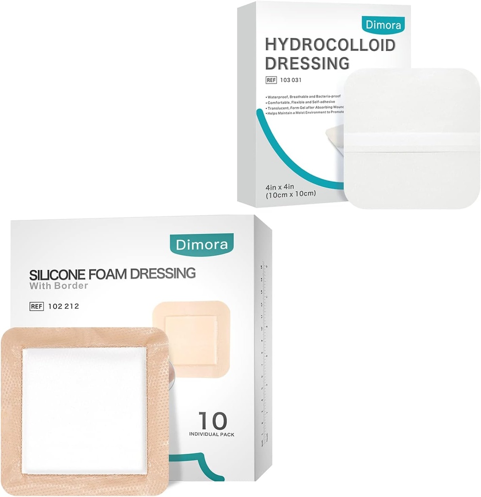 Dimora Idrocolloid Abiti 10 Pack 0.3mm + Silicone Foam Dressing con Border Adhesive 6"x6" 10 Pack
