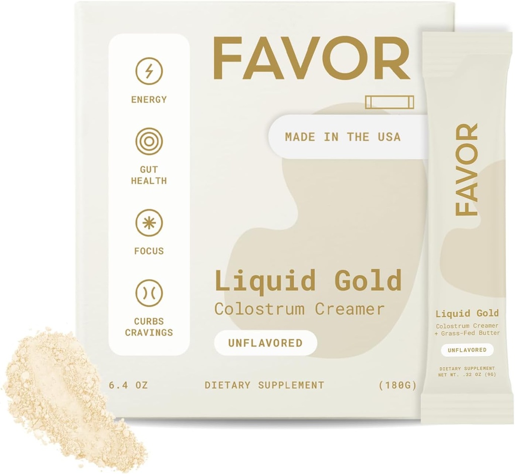 FAVOR Bovine Colostrum Creamer | Grass Fed Cows | Powder Packets for Coffee | MCT Oil | Liquid Gold Whole Colostrum | Keto Friendly Superfood | Made with Butter | Concious Human Health [Unflavored]